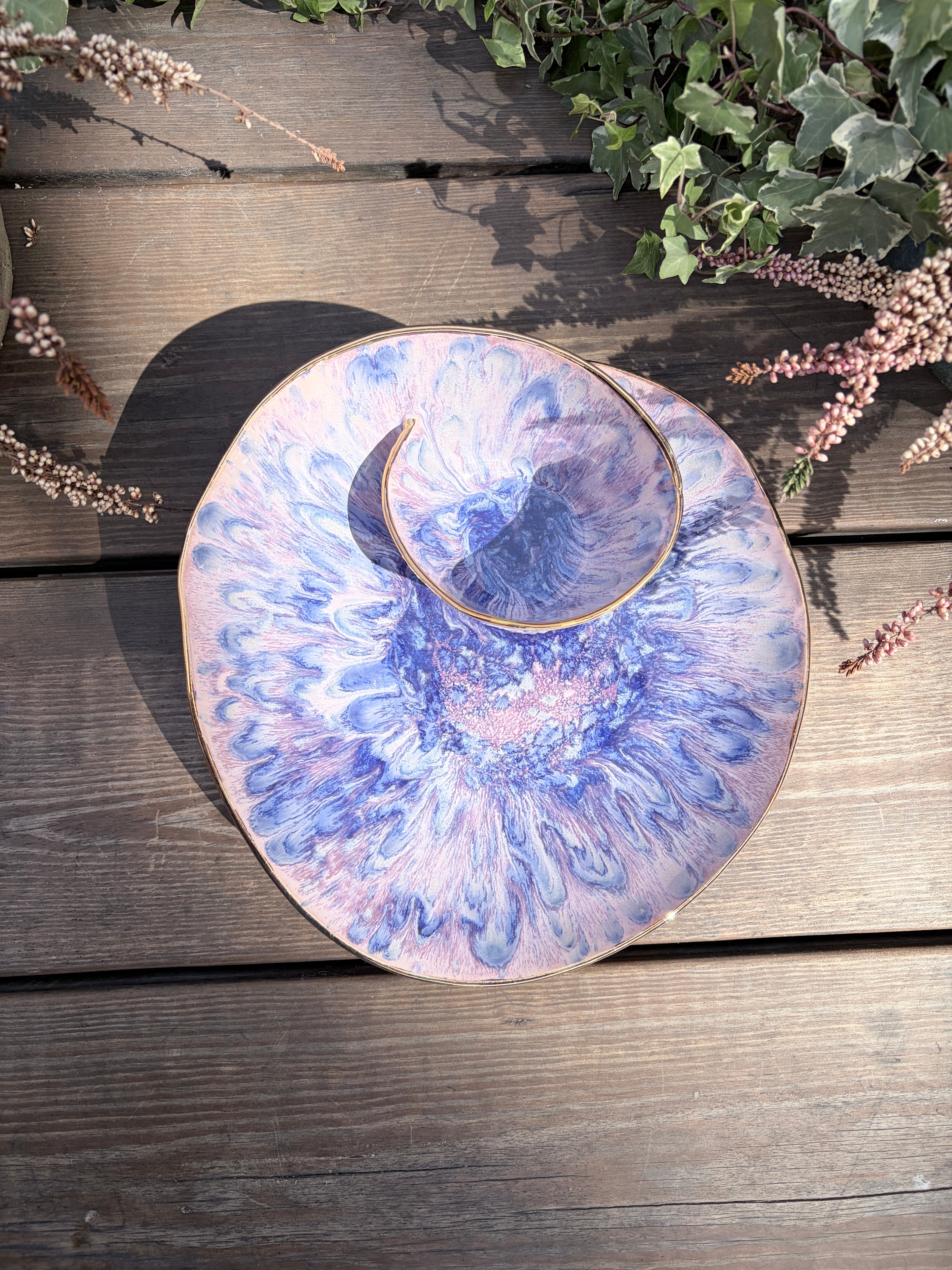 #03 Extra Large Purple Rock Swirl Bowl with 24k gold rim