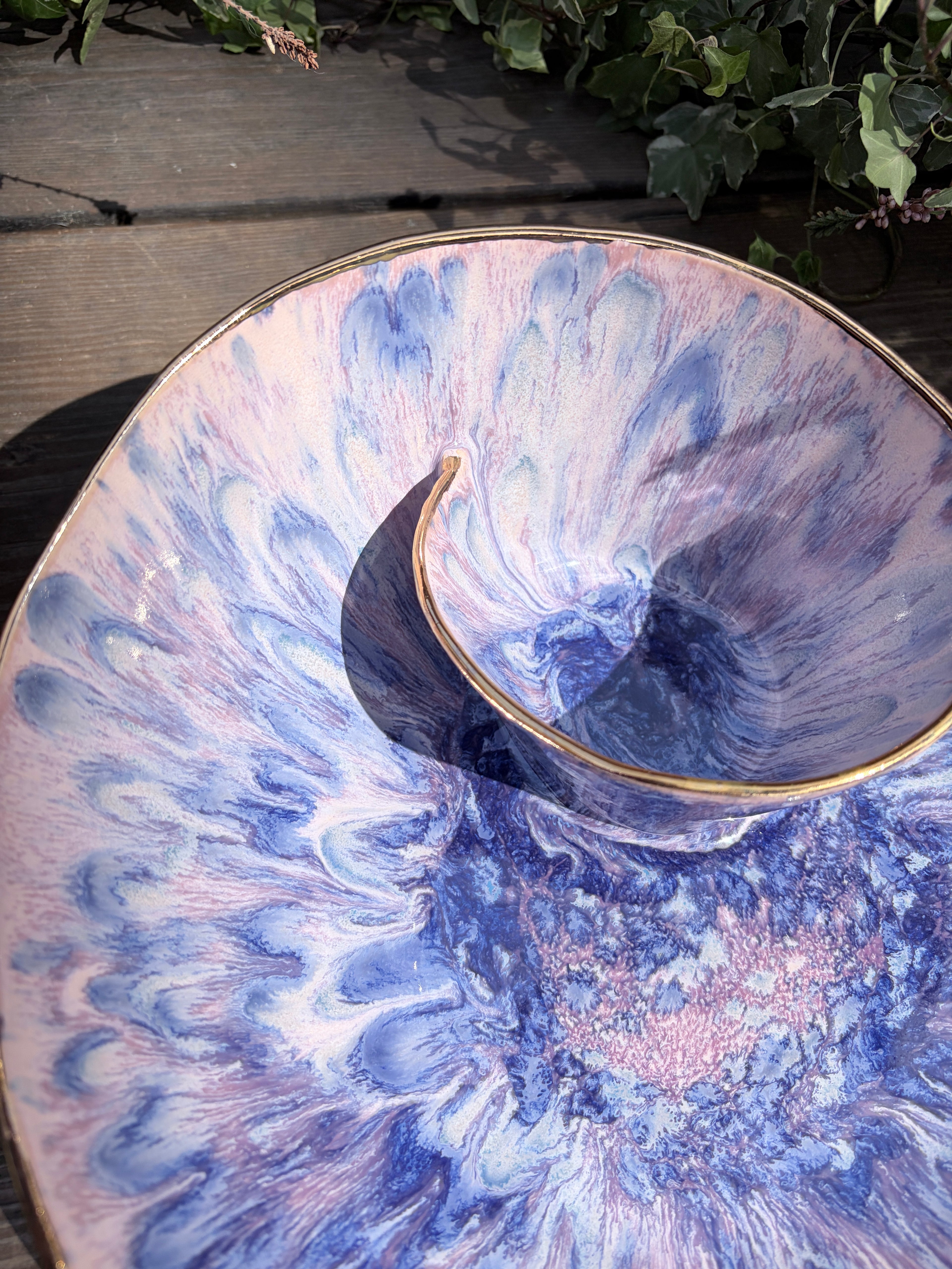 #03 Extra Large Purple Rock Swirl Bowl with 24k gold rim