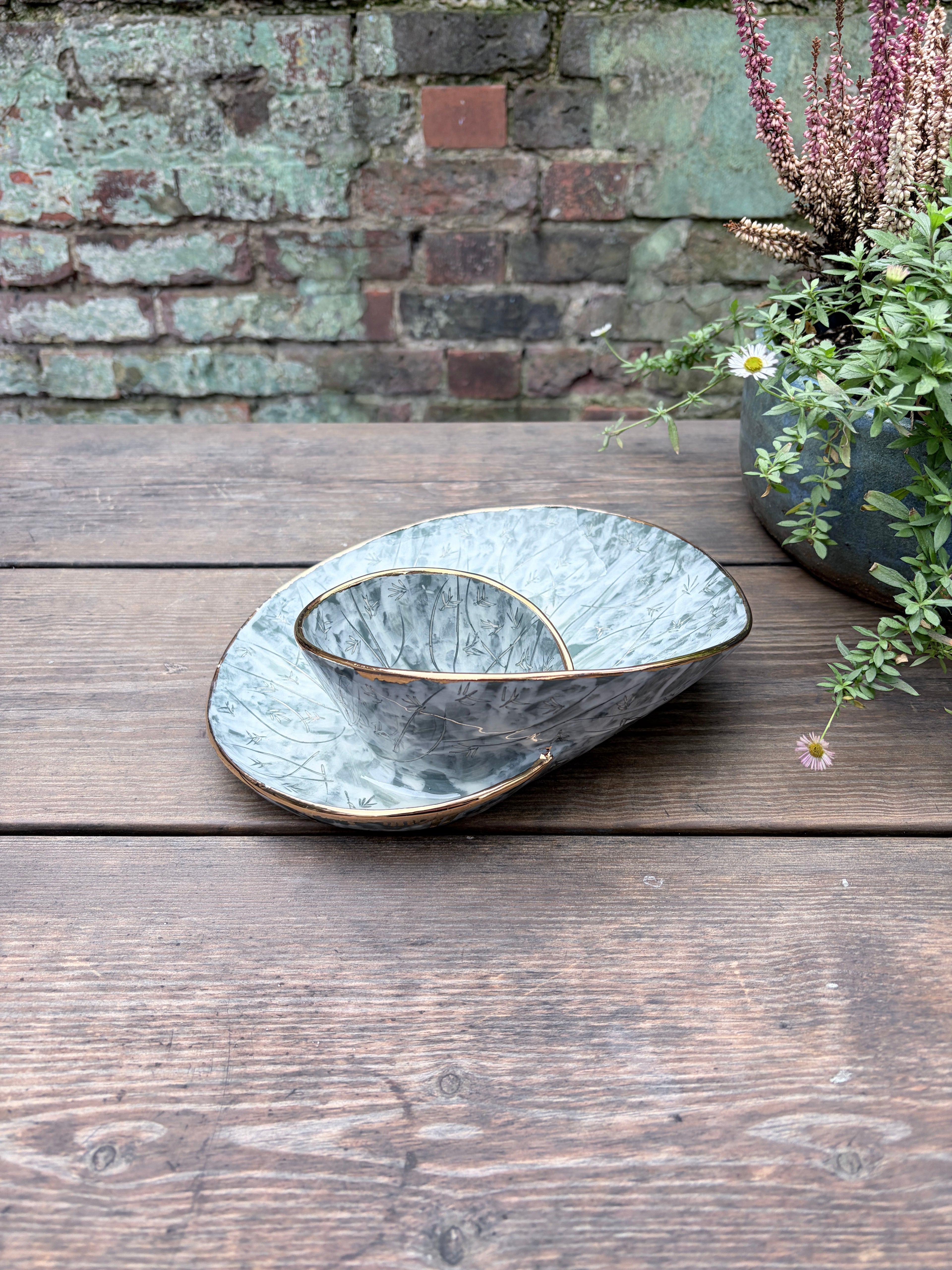 #1 Large Forest Swirl Bowl with 25k gold rim