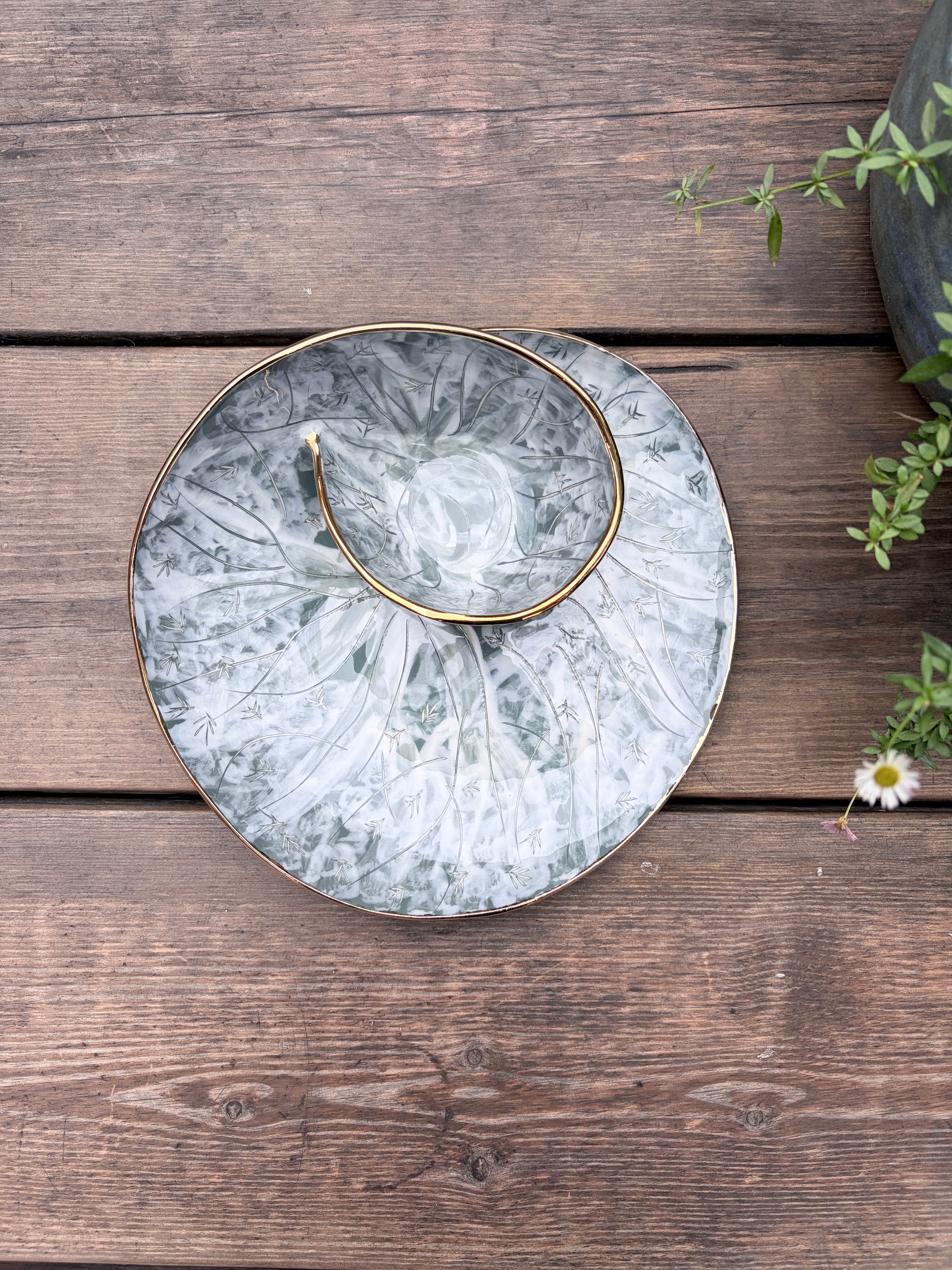 #1 Large Forest Swirl Bowl with 25k gold rim