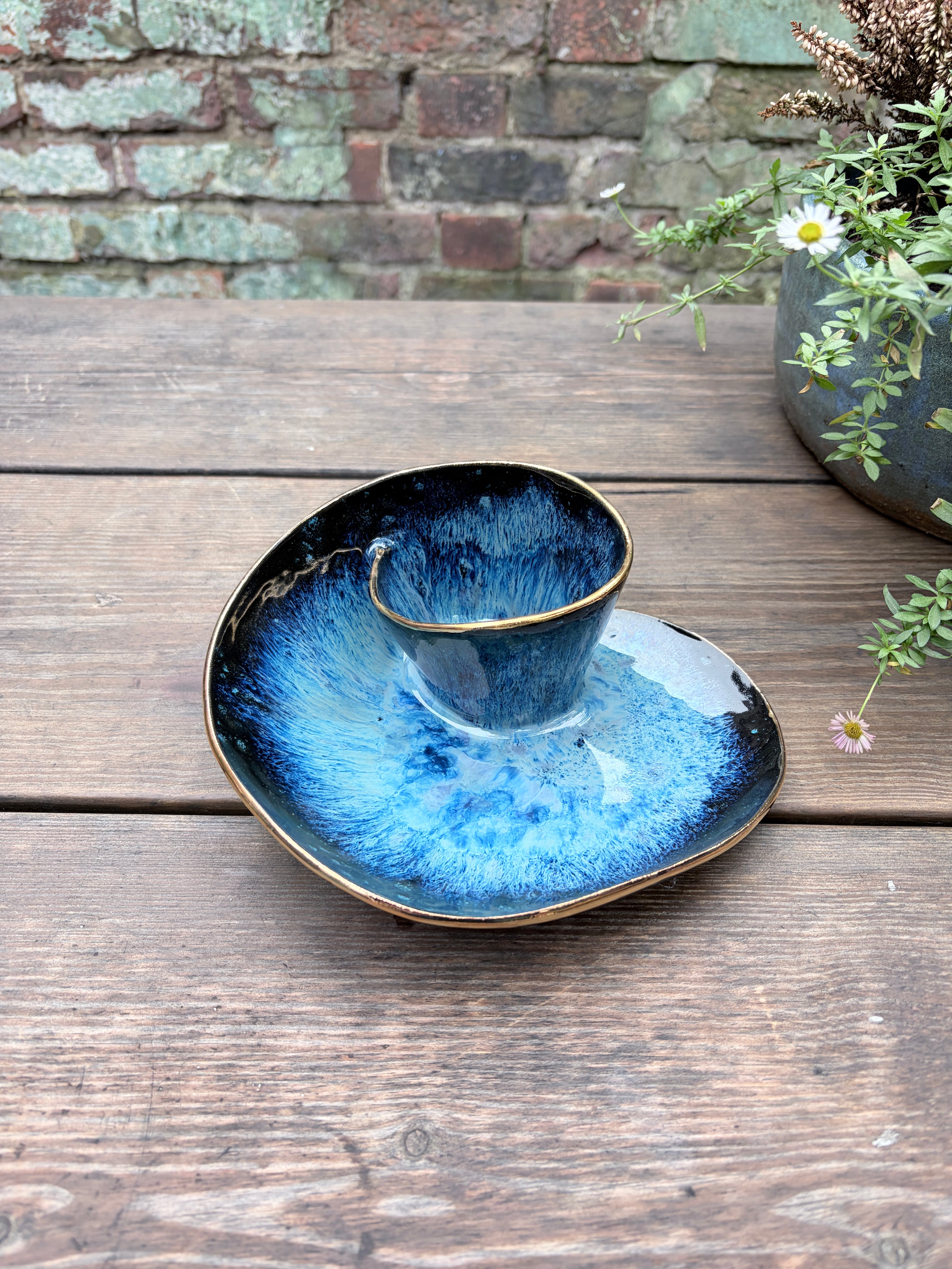 #4 Small Magic Blue Swirl Bowl with 24k Gold Rim