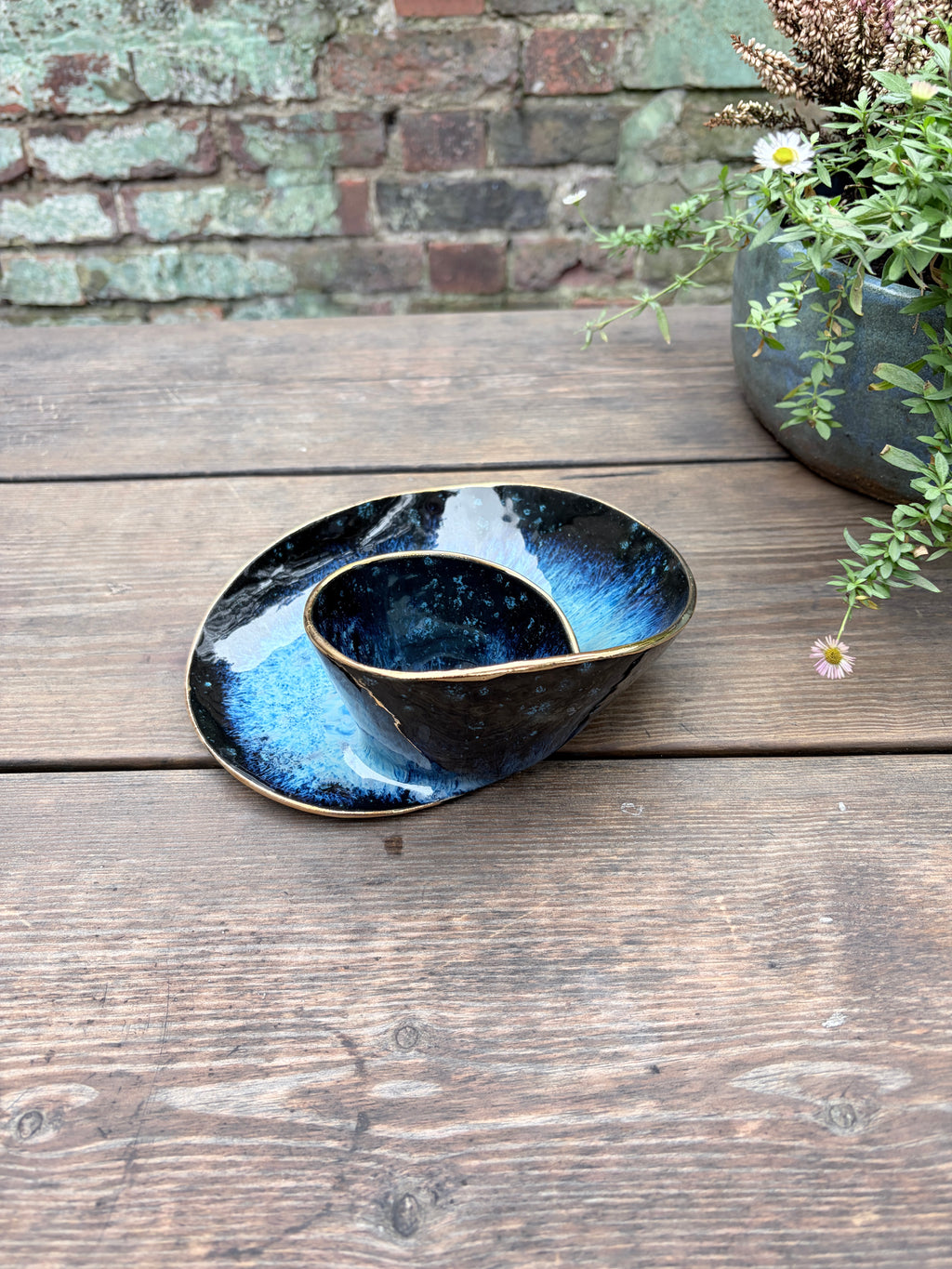 #4 Small Magic Blue Swirl Bowl with 24k Gold Rim