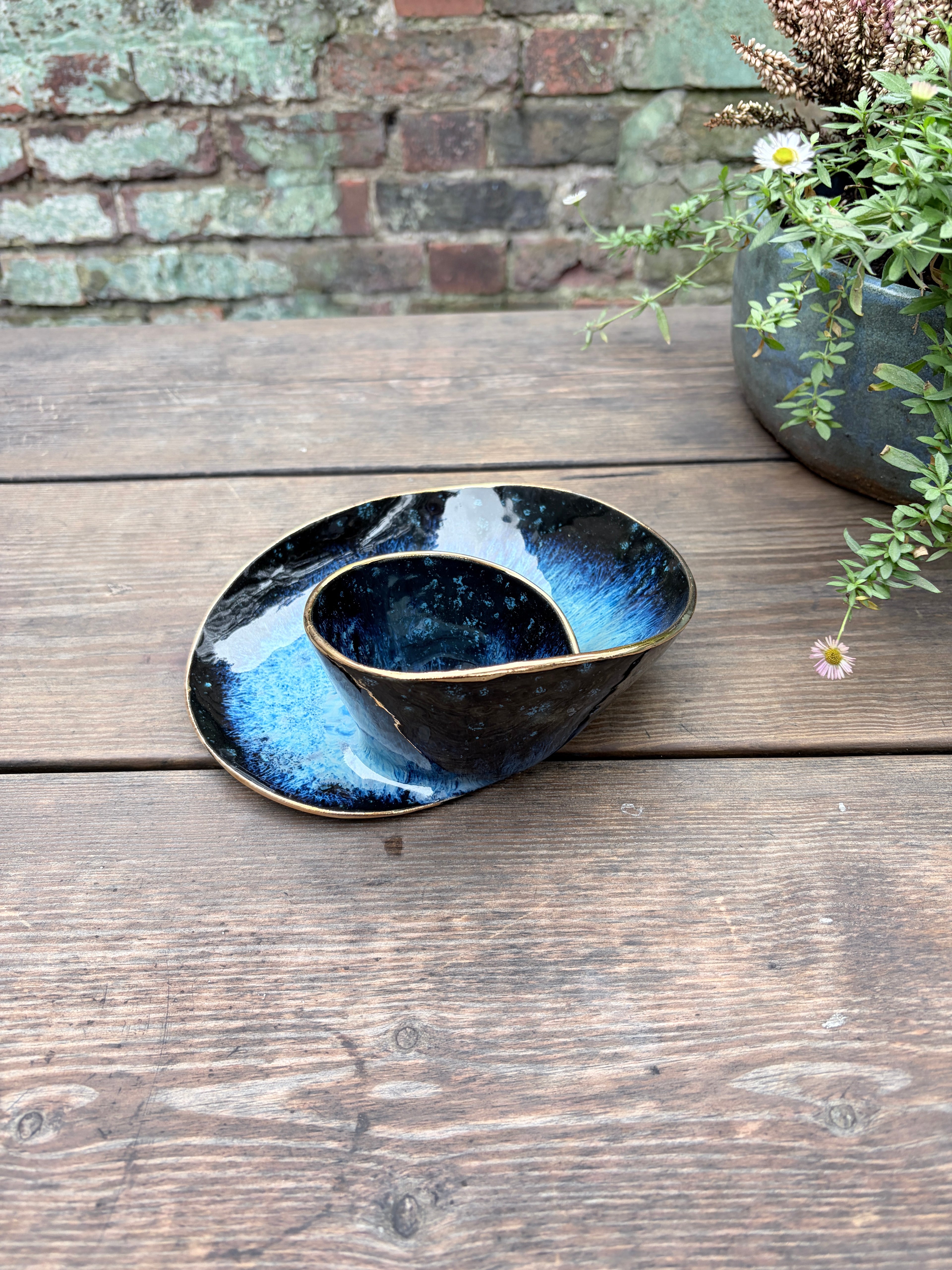 #4 Small Magic Blue Swirl Bowl with 24k Gold Rim