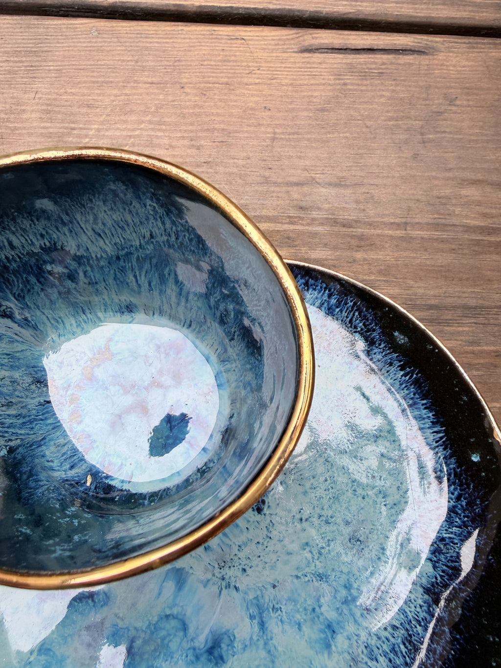 #4 Small Magic Blue Swirl Bowl with 24k Gold Rim